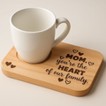 Personalized wooden coffee tray with cup holder, laser engraved with "Mom, you're the Heart of our family" – custom gift by MSC Wood & Craft Designs