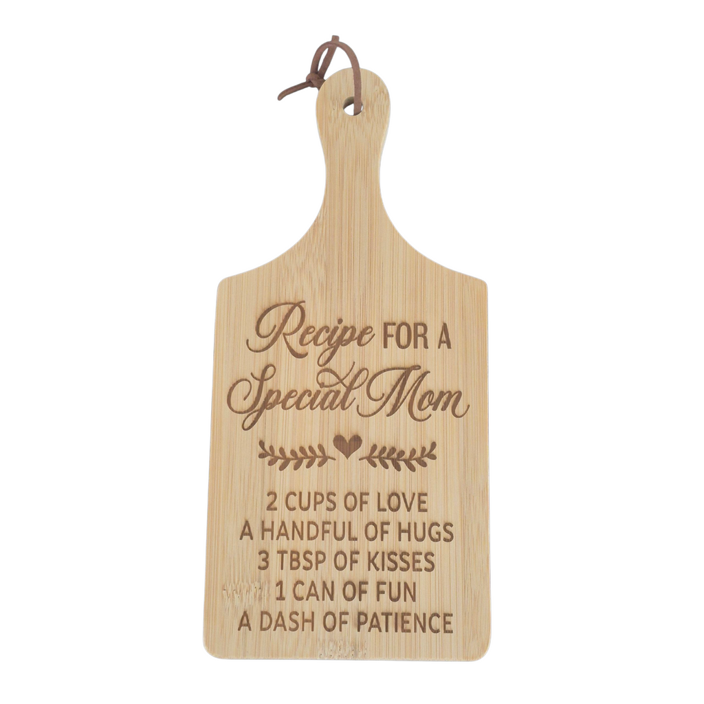 A light natural wood cutting board-shaped hanging plaque engraved with the phrase 'Recipe FOR A Special Mom' and a humorous recipe below, shown on a plain white background.