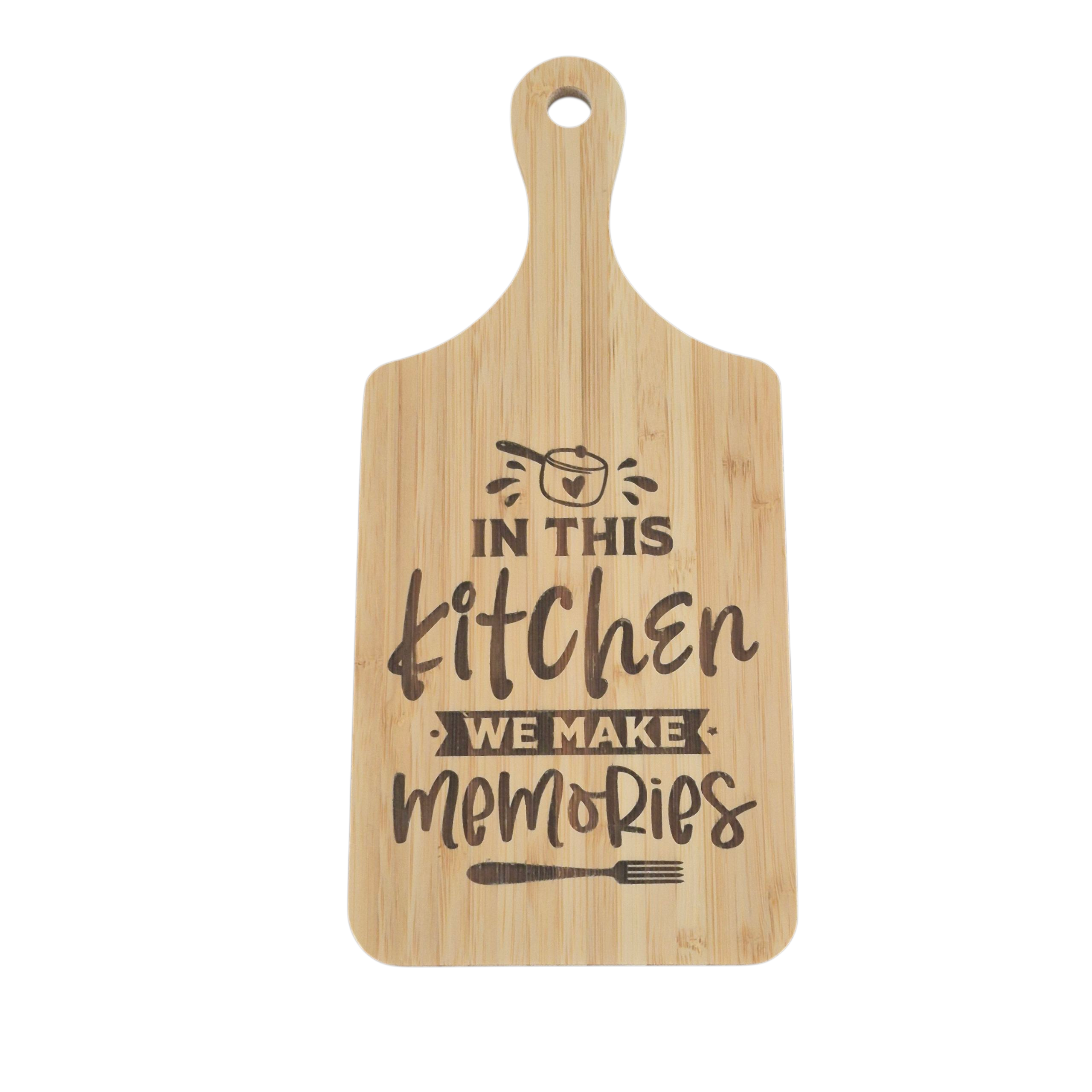 A rectangular wooden cutting board with a rounded handle, featuring the engraved text 'IN THIS kitchen WE MAKE memories' with kitchen utensil illustrations, shown on a plain white background.